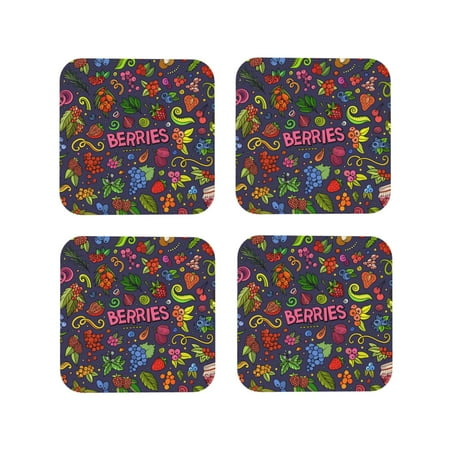 

KLL Drink Coasters Set Square of 4 PU Leather Absorbent Coasters Set Decorative Coffee Cup Coasters Housewarming Gift for Home Decor-Berry Fruits