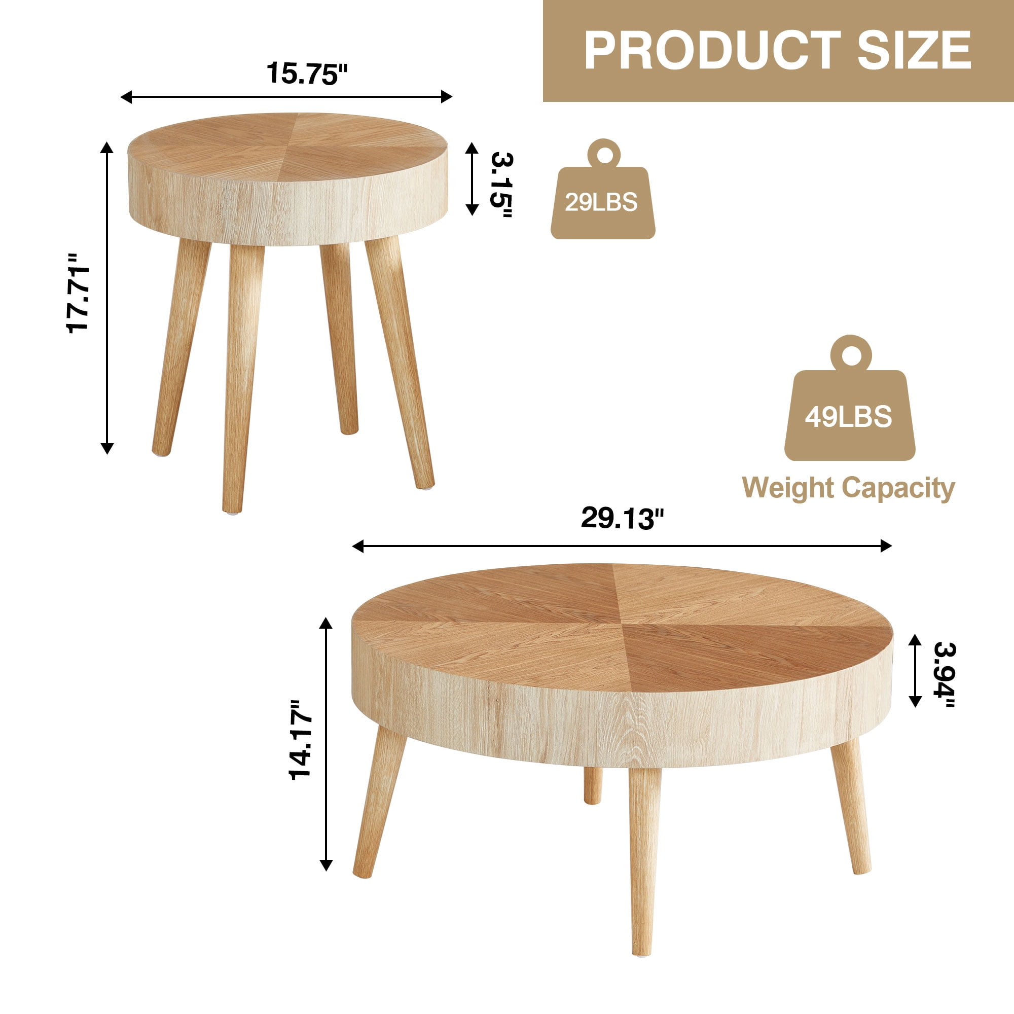 YOCWO 2-Piece Modern Round Coffee Table Set for Living Room, Faux Wood End Table, Natural, 29.13" D * 14.17" H, 15.75" D * 17.71" H