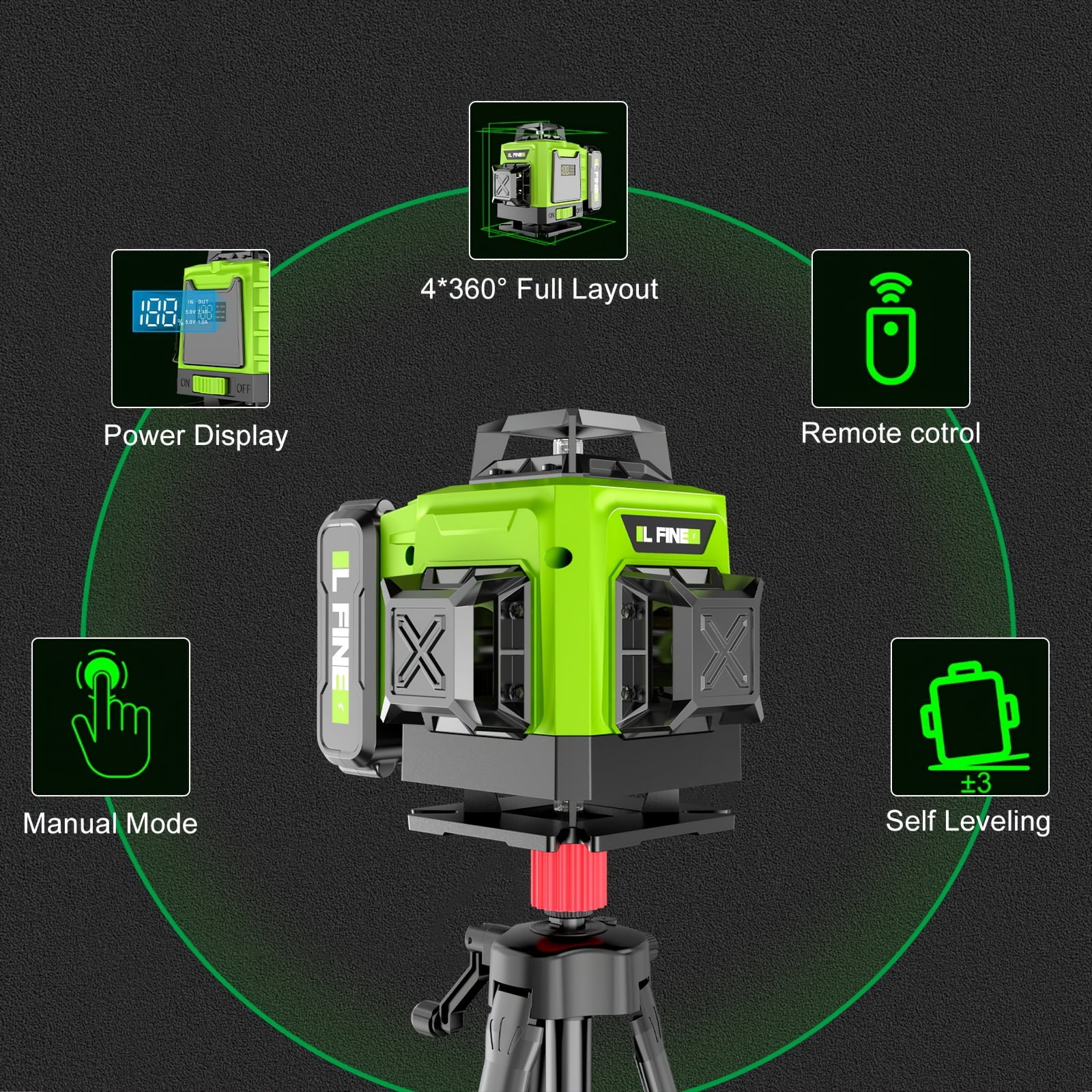 LFINE Laser Level Kit: 360self-leveling with tripod. Features4x360°cross-line laser for floor tile,wall,and construction/renovation,Includes 2x4800mAh batteries.