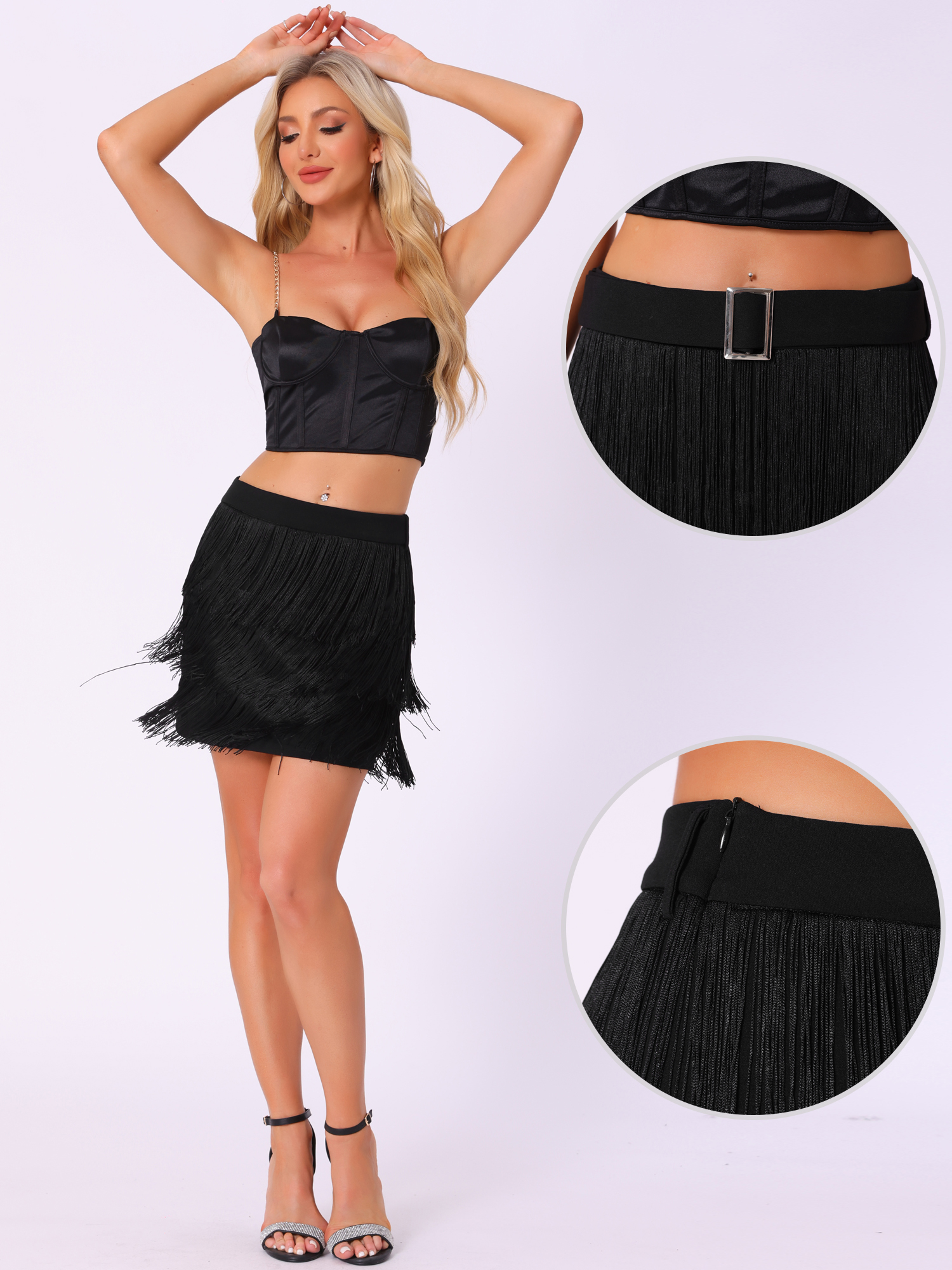 DARING DIVA Women's Fringe Trim High Waist Belted Pencil Mini Skirts M Black
