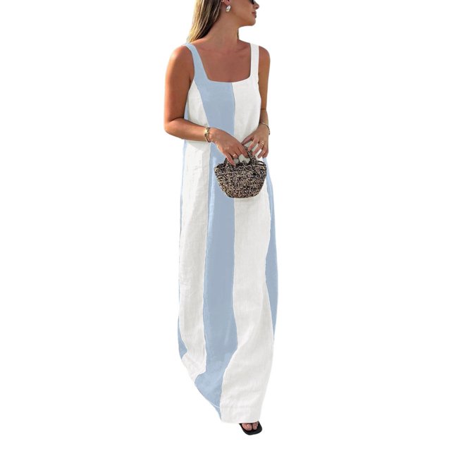 Vestido CHARTOU de verano para mujer, sin mangas, lino, azul, talla M
