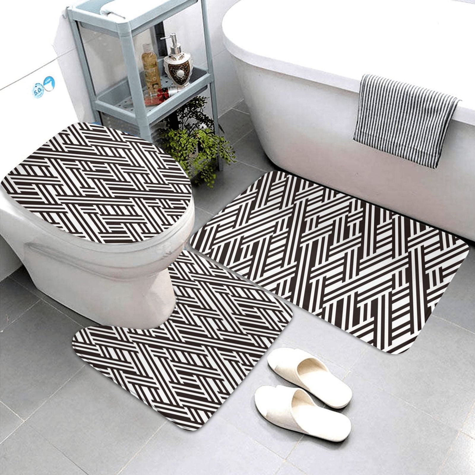 Bathroom Rugs Sets 3 Piece - black white stripes Absorbent Non Slip Bath Mats, U-Shape Toilet Lid Cover, Contour Mat, Soft Washable Shower Mats Bath Rug Mat for Bathroom Tub Toilet