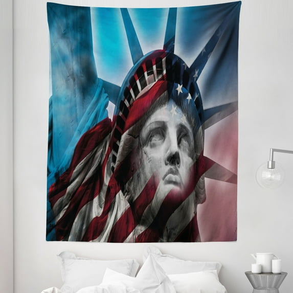 United States Tapestry, Liberty and American Flag Double Exposure Justice Democracy Freedom, Fabric Wall Hanging Decor for Bedroom Living Room Dorm, 5 Sizes, Multicolor, by Ambesonne