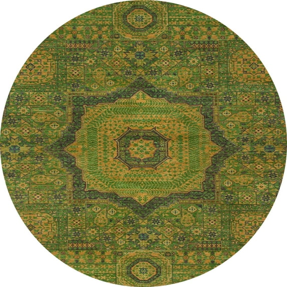 Ahgly Company Indoor Round Abstract Dark Yellow Green Abstract Area Rugs, 4' Round