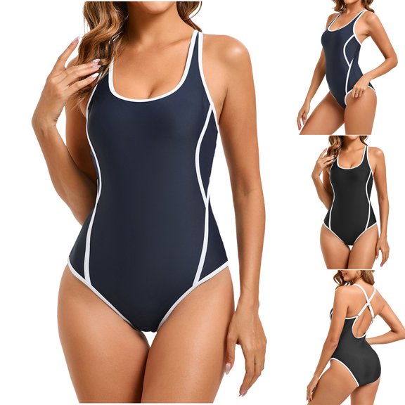 Bovxnpu Womens One Piece Swimsuits Slim Swimwear, Women's Color Blocks Swimwear Women U-neck Suspenders Fold Backless Bikinis Ladies Summer Swimwear Beach Vacation