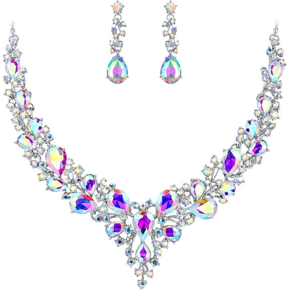 Women'S Wedding Bridal Austrian Crystal Teardrop Cluster Statement Necklace Dangle Earrings Jewelry Set[Z203]