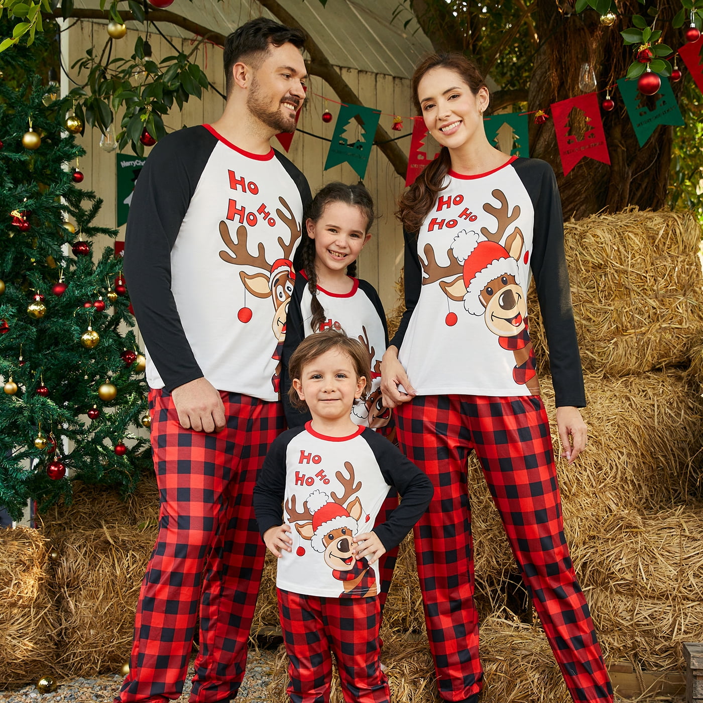 PatPat Christmas Family Matching Pajamas Set,Cartoon Reindeer Raglan Sleeve with Red Plaid Pajama Pants,Holiday Jammies Sleepwear Flame Resistant - Walmart.com