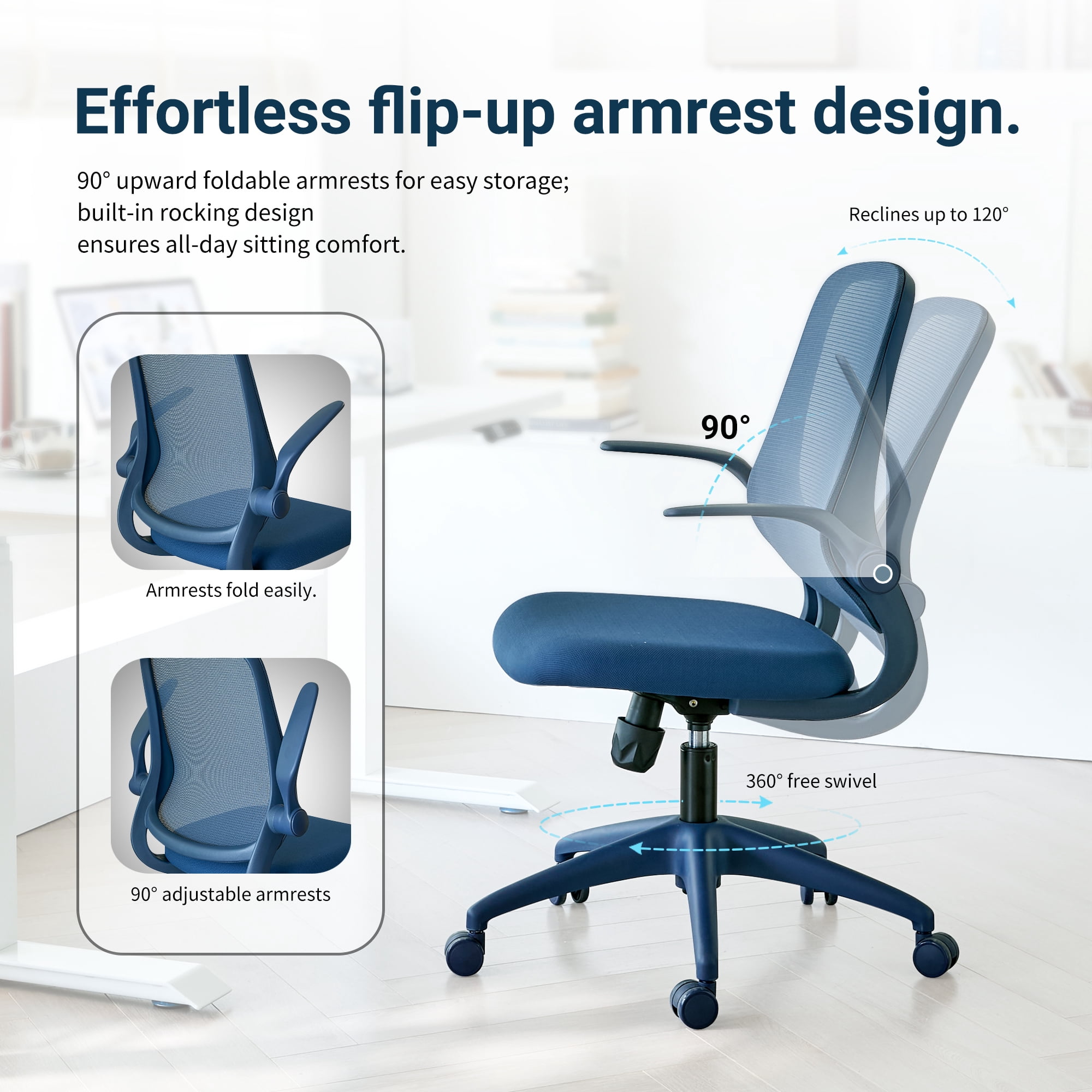 Ergonomic Mesh Office Chair 350LBS, Fireproof Molded Foam Seat with Flip-Up Armrest, Height Adjustable Swivel Rocking Desk Chair for Home Office