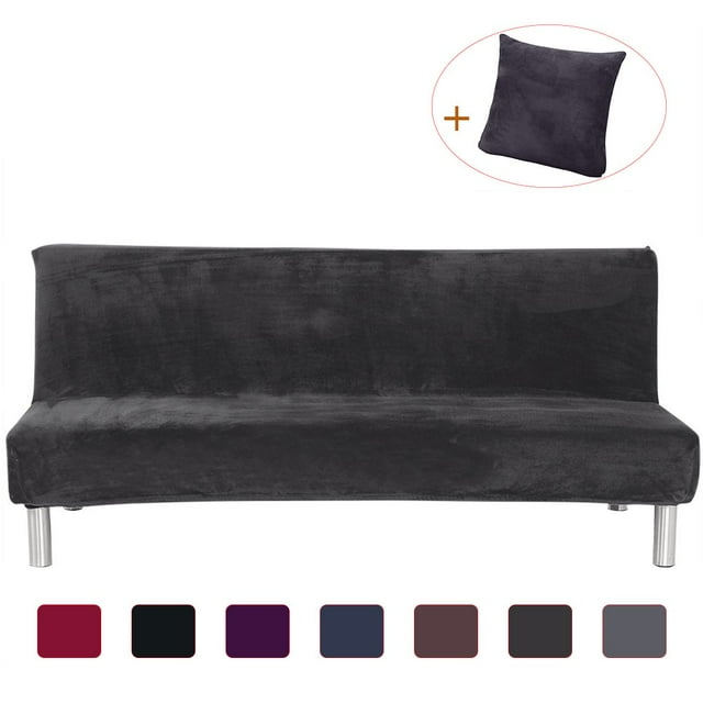 YOPTOP Armless Plush Sofa Bed Cover - Stretch Velvet Sofa Bed Slipcover with Free Pillow Cover - Thicker Folding Futon Sofa Cover Protector Gray,darkgray