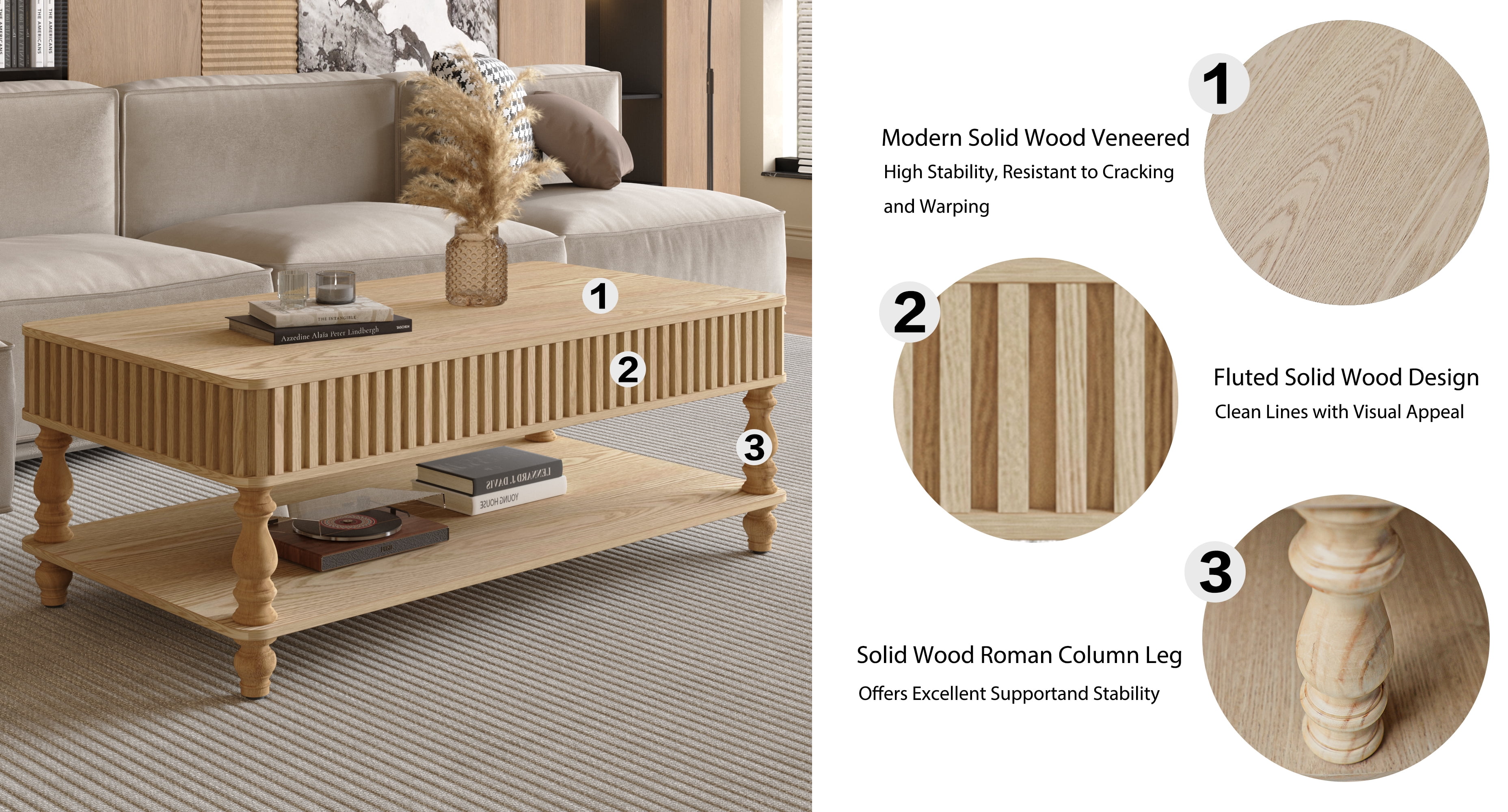 47.24" Lift Top Coffee Table with Hidden Storage and Open Shelf, Solid Wood Center Table with Fluted Design & Roman Column Legs, Tool-Free Assembly for Living Room, Vintage NaturalWood