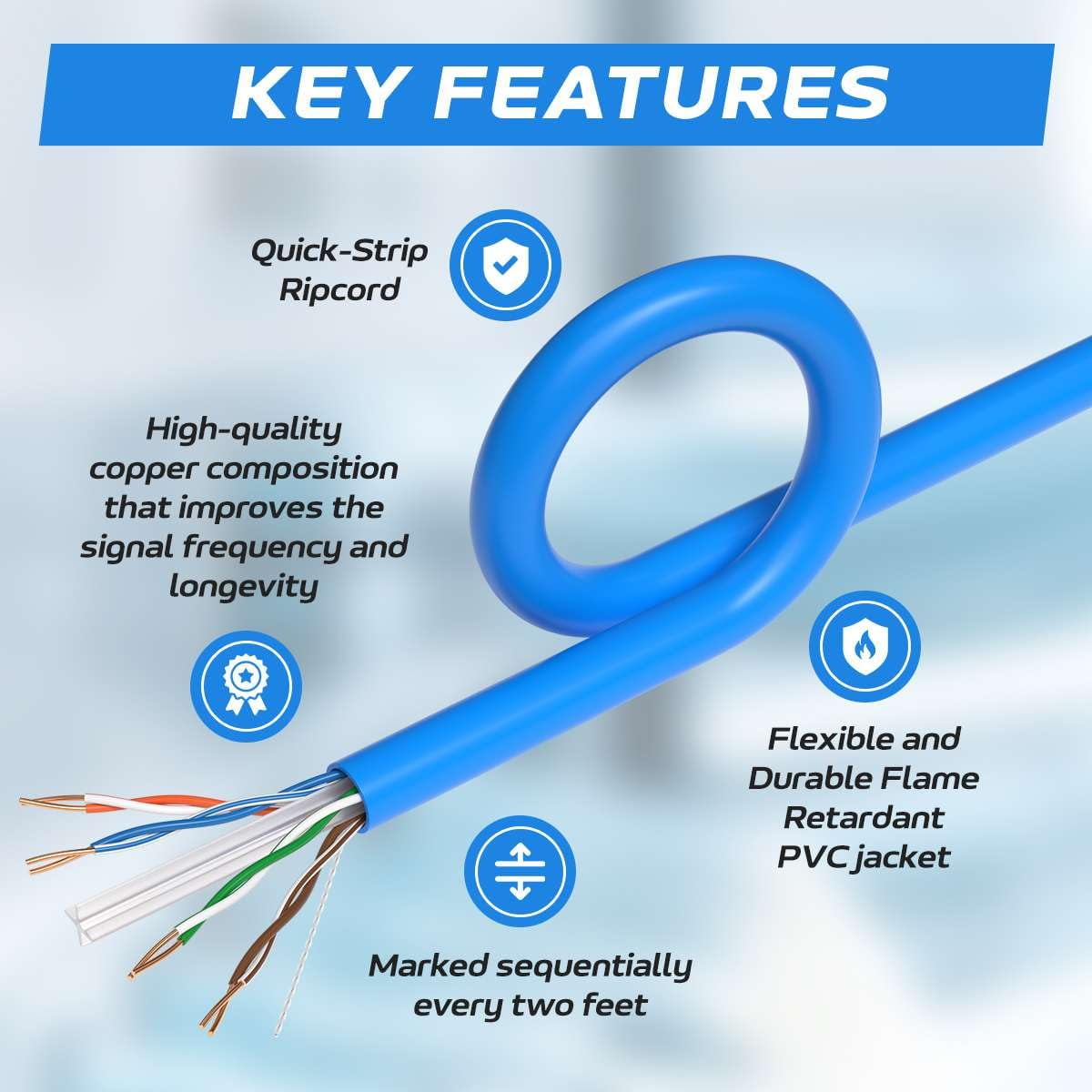 Cables Direct Online 500FT Cat6 Solid Bare Copper 23AWG Bulk Ethernet Cable, CMR ETL Riser, 550MHz POE (Power Over Ethernet) Wire – Blue