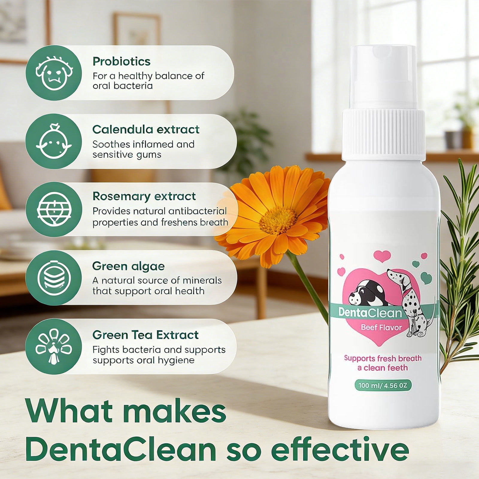 Dentaclean Spray for Dogs & Cats – No-Brush Dental Care, Plaque & Tartar Remover, Natural Breath Freshener, Supports Gum Health – Easy Spray Formula（1PC)