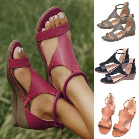 

KangQi Women Ankle Strap Open Toe T-Strap Wedge Sandals Walking Shoes Footwear for Daily Wear