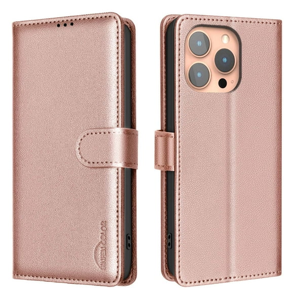 For iPhone 16 Pro Max Wallet Case with RFID Blocking Credit Card Holder, PU Leather Folio Flip Kickstand Protective Shockproof Rugged Anti-fall Phone Case Cover For Women Men,Gold