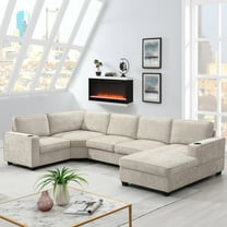 Harper & Bright Designs Modern U-Shaped Cloud Couch Set with Oversized Chaise Lounge, Chenille 6-Seat Sectional Sofa Sleeper Bed with Cup Holders for Living Room, Beige