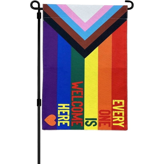 FLAGWIN Progress Pride Flags Everyone is Welcome  Here 12x18 LGBTQ Garden Rainbow Pride Flag with Vivid Color and Durable Nylon, Inclusive Gay Outdoor Flag for Yard Lawn or Room（Stand not included）