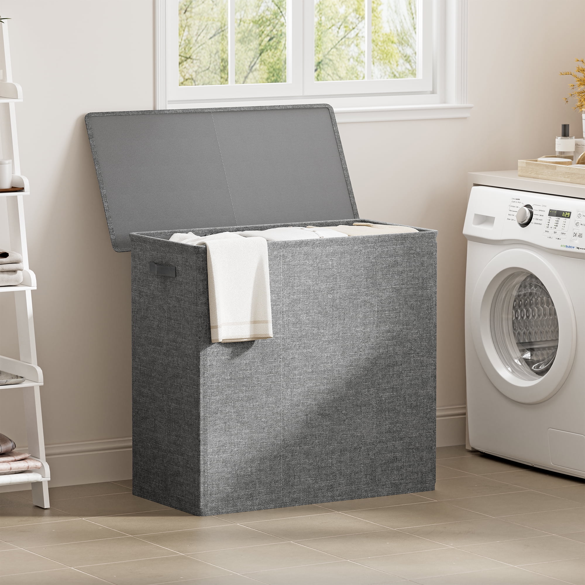 BGTREND Large Laundry Basket with Lid, 180L 3 Section Laundry Hamper with Mesh Lining Bags, Foldable Clothes Hamper for Bathroom Bedroom Closet, Adult, Dark Gray