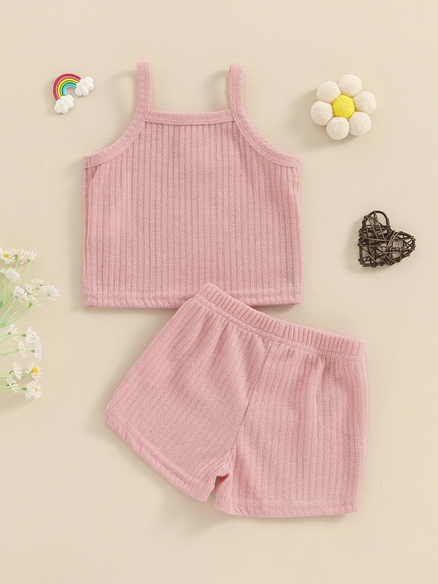 Suealasg Little Girl Summer 2Pcs Outfits Set Clothes 1T 2T 3T 4T 5T Kids Girl Sleeveless Solid Color Cami Tops and Shorts Beach Party Clothing for Children Girls