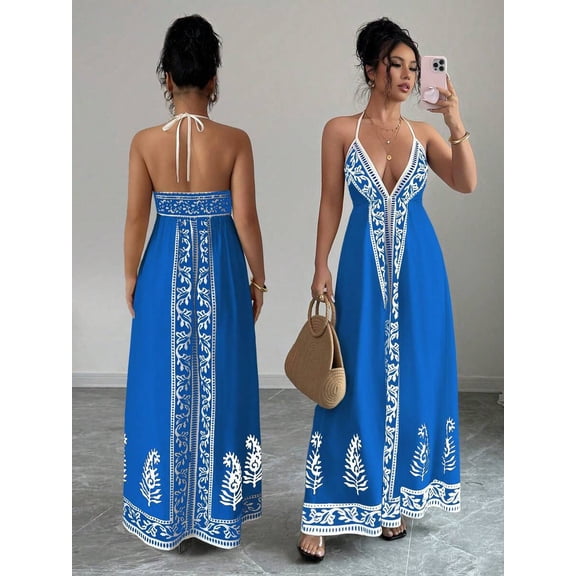 Royal Blue Floral Embroidered Deep V-Neck Halter Maxi Dress For Women Boho Beach Vacation Long Dress