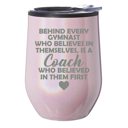 

Stemless Wine Tumbler Coffee Travel Mug Glass With Lid Gift Gymnastics Coach Gift (Pink Glitter)