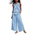 thumbnail image 2 of Muscularfit 2 Piece Summer Sets for Women Womens Linen Set Palazzo Vacation Sets Sleeveless Wide-Leg Crew Neck Blue Full Length Outfit Sets for Women,XL, 2 of 5