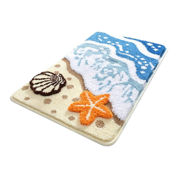 BBilaBu Beach Bathroom Rug 15.7x23.6 Inch,Coastal Ocean Wave Bath Mat with Starfish and Seashell Design,Soft Absorbent Plush Rug,for Tub,Shower, Sink