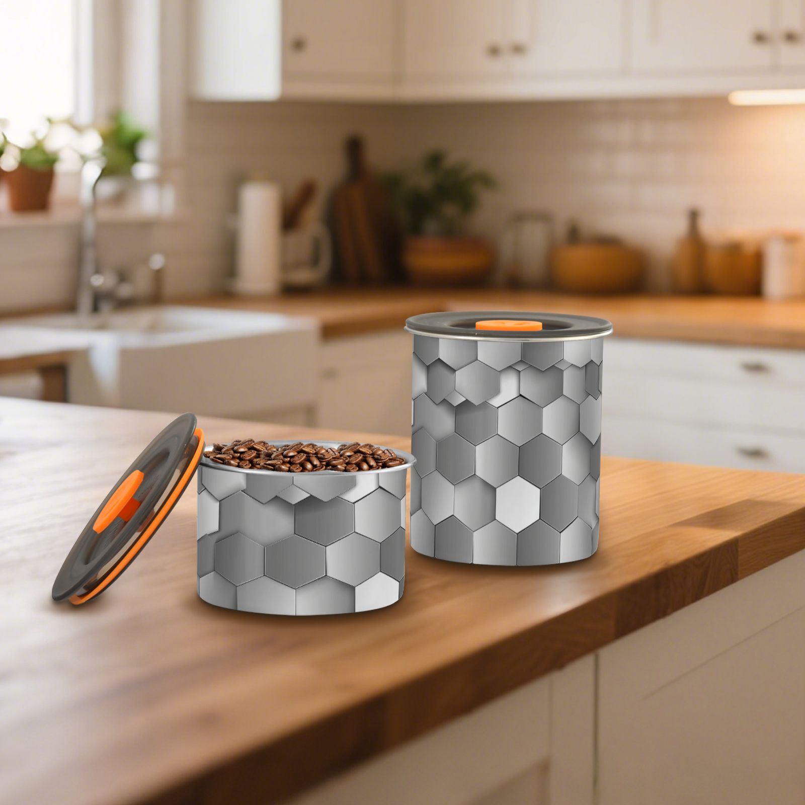 Geometric 3d Hexagon Honeycomb Airtight Coffee Bean Canister 30oz Food Storage Containers with Lids For Gournd, Tea, Sugar, Flour, Rice, Cereal, Candy Cookie Jar