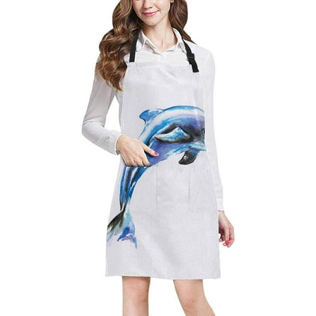 

ASHLEIGH Watercolor Jumping Blue Dolphin Sea Life Adjustable Bib Apron with Pockets Commercial Restaurant and Home Kitchen Apron for Women Men
