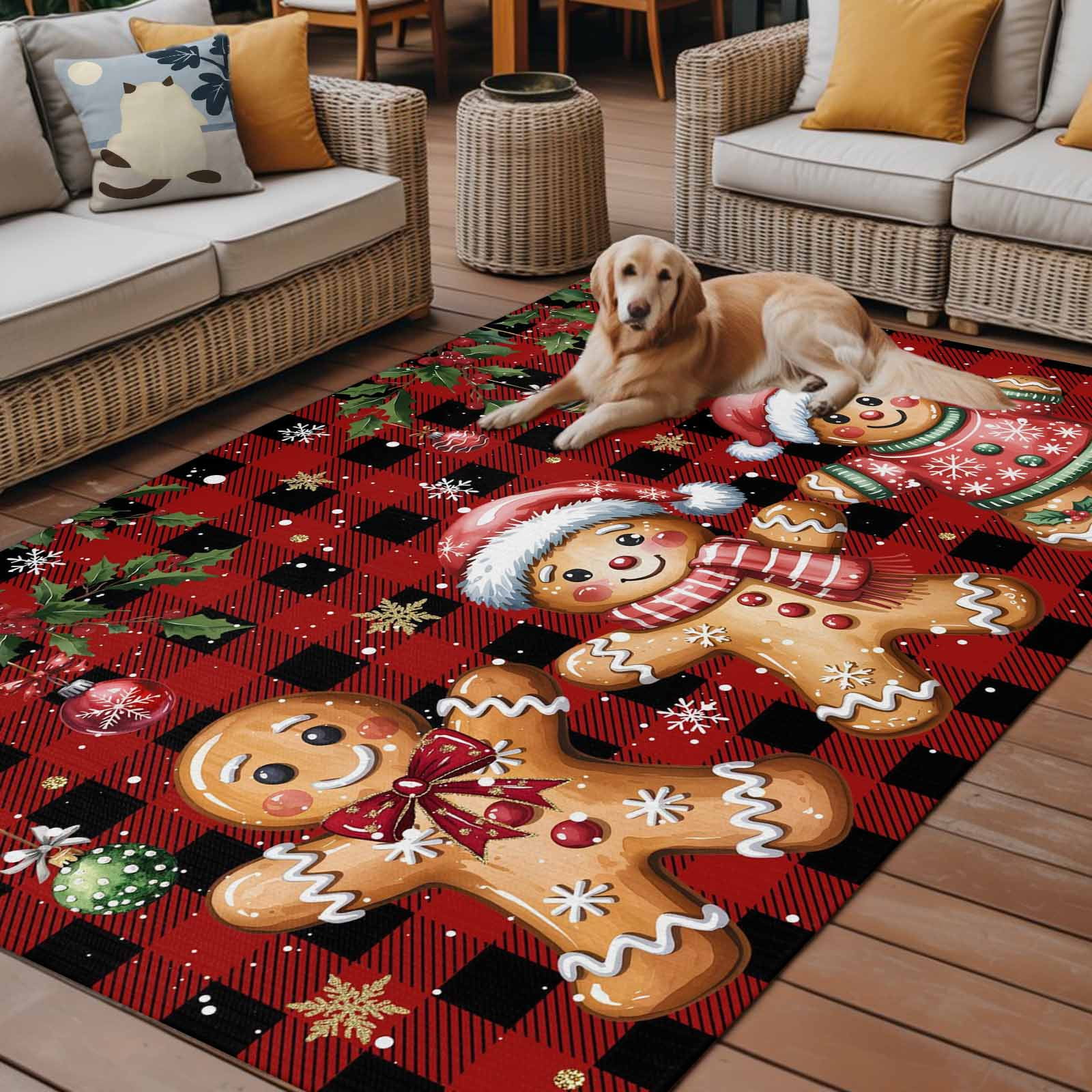 Fsddascl Red Plaid Christmas Gingerbread Outdoor Rug for Patio/Deck/Porch, Non-Slip Large Area Rug 5 x 8 Ft, Xmas Balls Snowflake Indoor Outdoor Rugs Washable Area Rugs, Camping Rug Carpet Runner