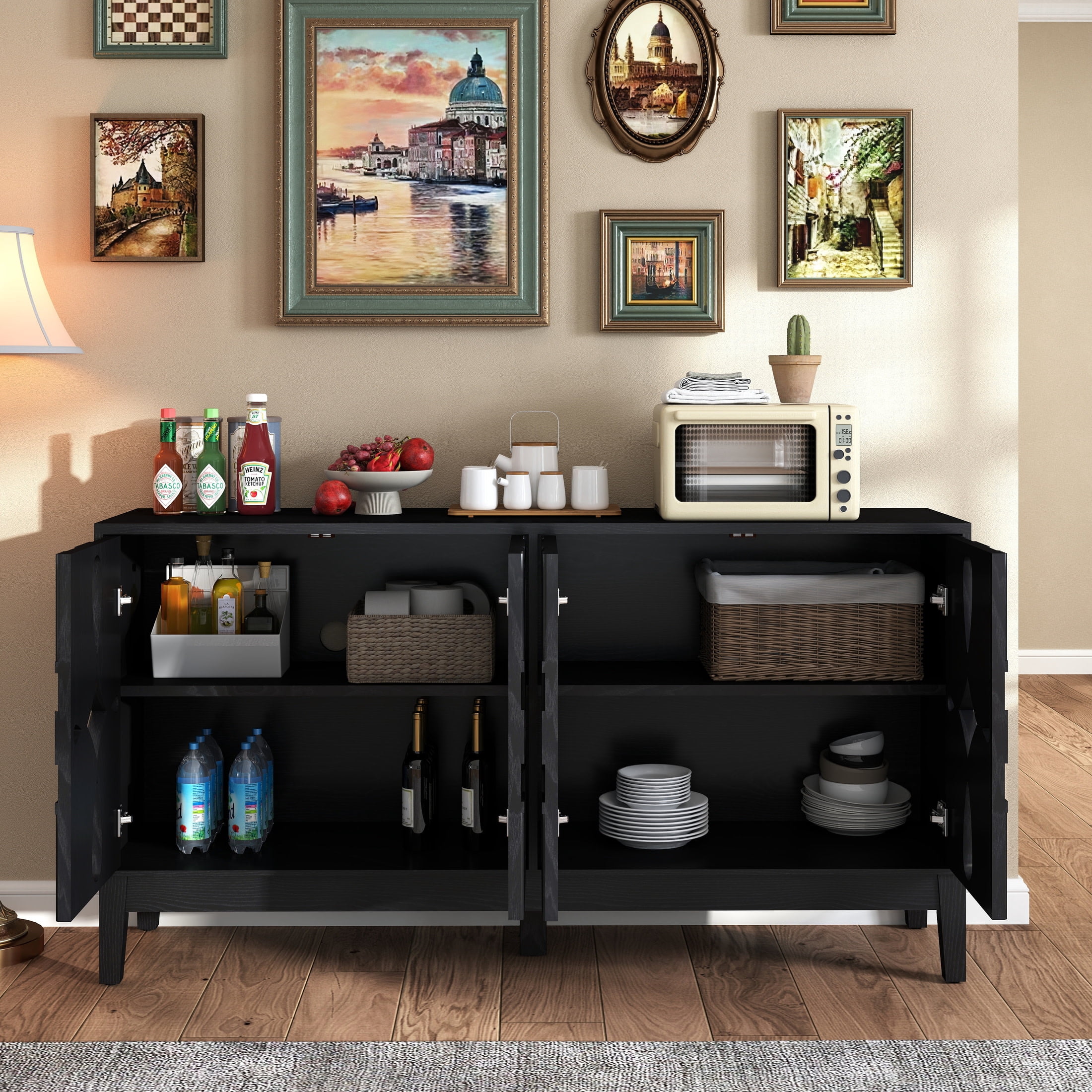 Noble House 60.5" Mid-Century Modern Sideboard Buffet Cabinet, Media Console with Doors & Adjustable Shelves, Black