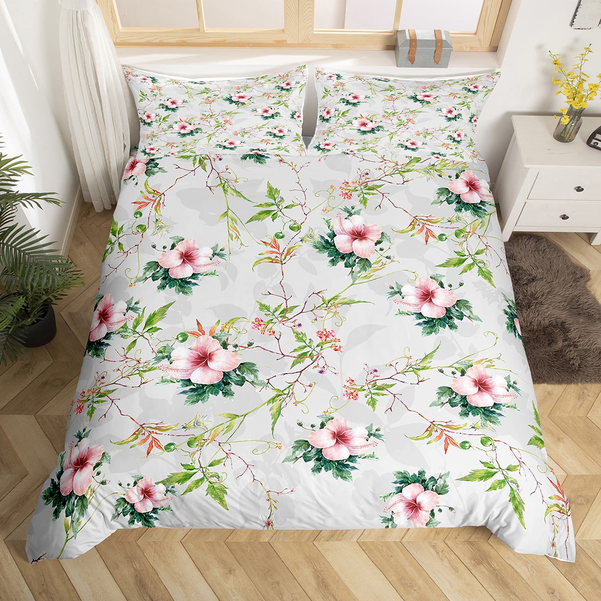 Hibiscus Flowers Bedding Set Tropical Floral Plant Comforter Cover