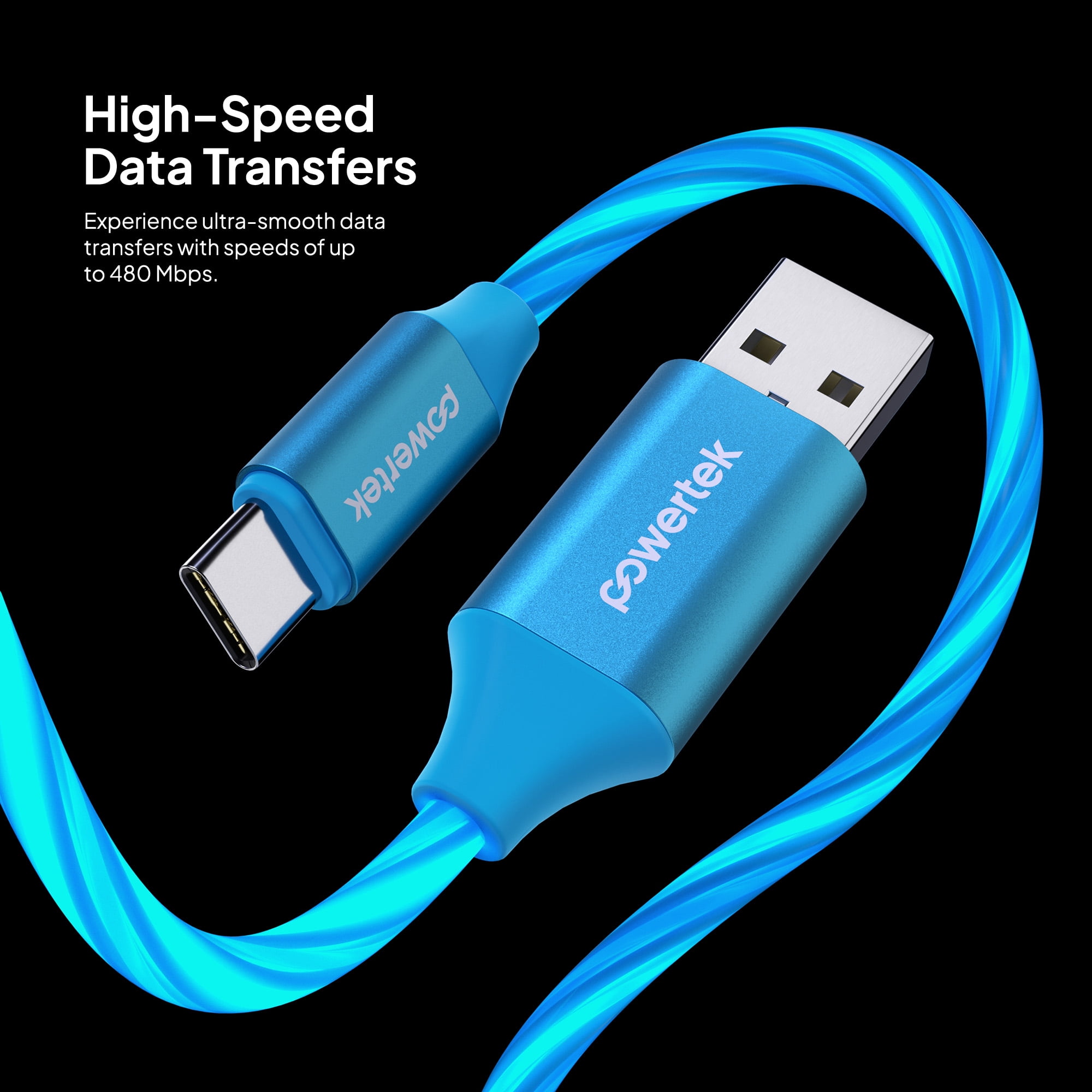 Powertek Light-Up USB-A to USB-C Charging Cable, 5 ft, Blue