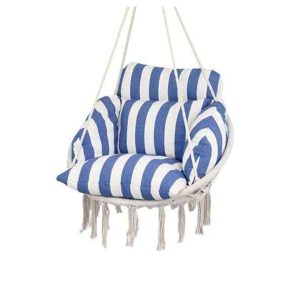 Hammock Swing Chair, Macrame Hanging Chair with Cushion, Blue & White, Indoor Outdoor, 265lbs Capacity