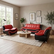 Living Room Sofa Set, 3 Piece Sofa Set, Faux Leather Sofa Set with Sofa, Loveseat and Chair, Modern Couch Set with Deep Seat, Red Black Contemporary Furniture for Apartment