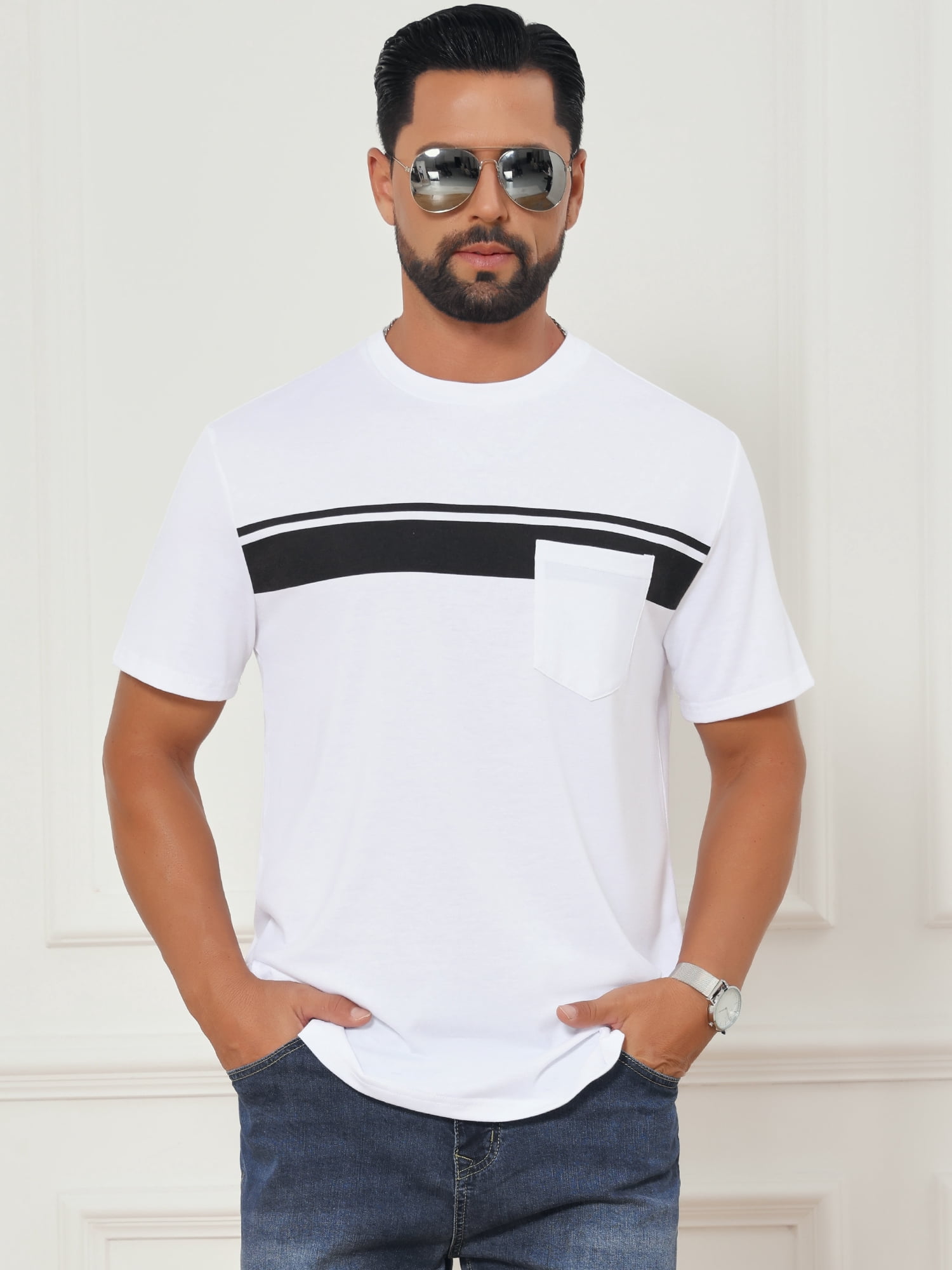 DARING DIVA Men's Chest Pocket Striped Print Crew Neck Short Sleeve T-Shirt XL White