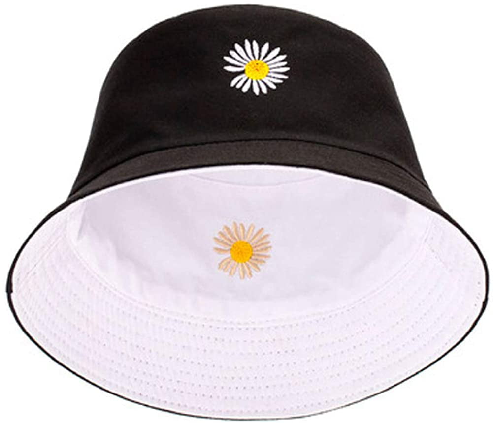 Sun Protection Windproof Beach Bucket Hats for Men Teens Kids Bucket Hat Travel Beach Fisherman Summer Cap Unisex Black Bucket Hat for Women Flower Embroidery 