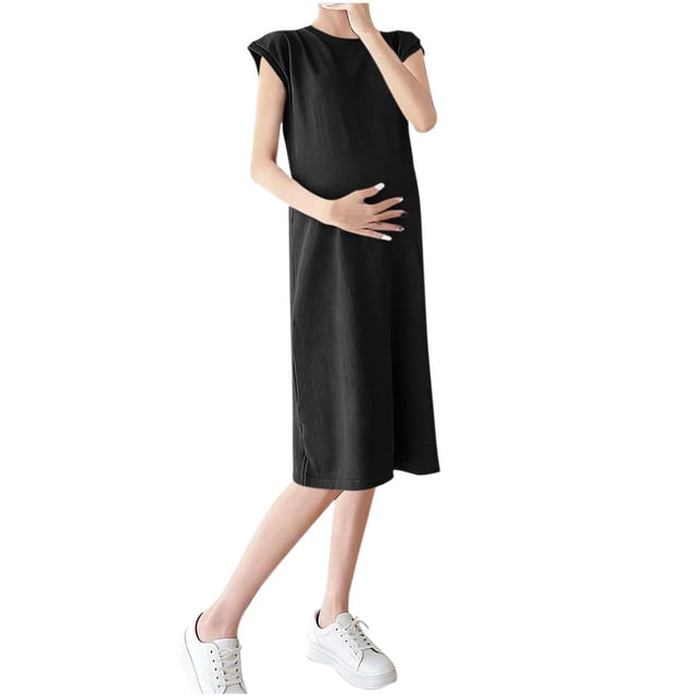 Robe de Maternité pour Femmes Manches Courtes Col Rond Couleur Unie Robe de Grossesse Ample