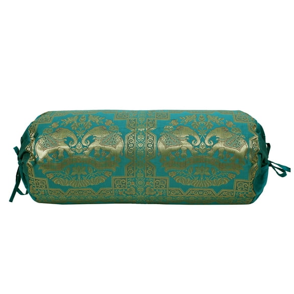 Stylo Culture Indian Cylindrical Brocade Bolster Pillow Cover Emerald Green Gold Floral Jacquard Weave Round Neck Pillow Traditional Elephant Tubular Cushion Cover - (76x38 cm) | 1 Pc (Cover Only)