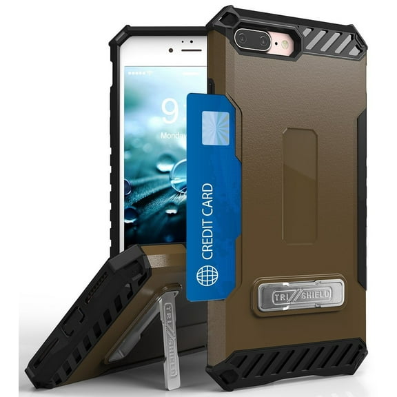 Case for iPhone 8 Plus, Tri-Shield Rugged Cover [with Kickstand   Credit Card Wallet Slot   Wrist Strap] for Apple iPhone 8 Plus, iPhone 7 Plus