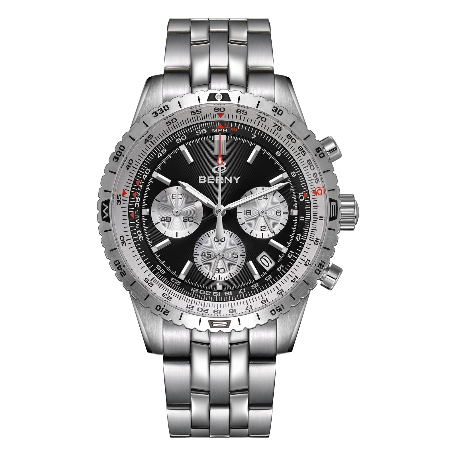BERNY Silver Chronograph Watches for Men, Sport Luxury Analog Quartz Watch with Tachymeter, Stainless Steel, Waterproof, Luminous, Sapphire Crystal, Date Calender, Men's Wristwatch (Black)