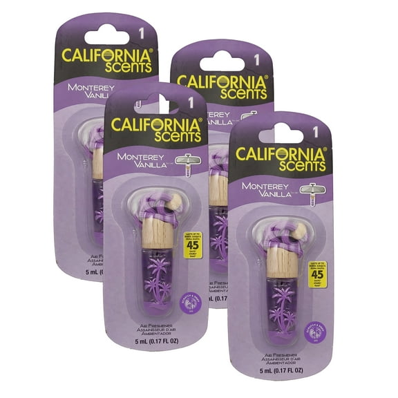 California Scents Air Fresheners Hanging Vial Necklace - Monterey Vanilla Scent: Hanging Air Freshener & Odor Eliminator for Strong Odor, 4 Packs