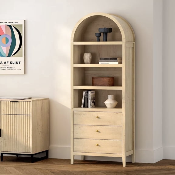 EYYTHUNG 71" Tall Arched Cabinet, 4-Tier Storage Cabinet with 3 Drawers and Shelves, Modern Farmhouse Arched Bookcase Versatile Boho Kitchen Pantry Cabinet for Living Room Bedroom, Natural Oak