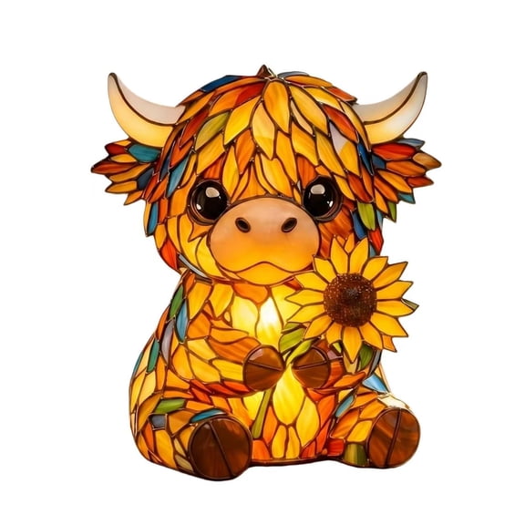 Sttlejura Highland Cow Resin Night Light, Sunflower Stained Glass Style USB Animal Lamp for Bedroom Desk Shelf and Farmhouse Decor