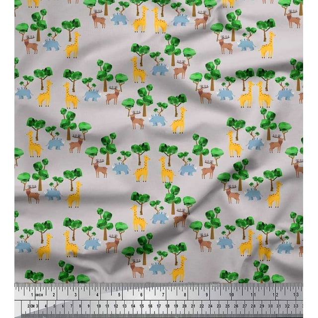 Soimoi Georgette Viscose Fabric Tree,Giraffe & Reindeer Animal Decor Fabric Printed Yard 42 Inch Wide