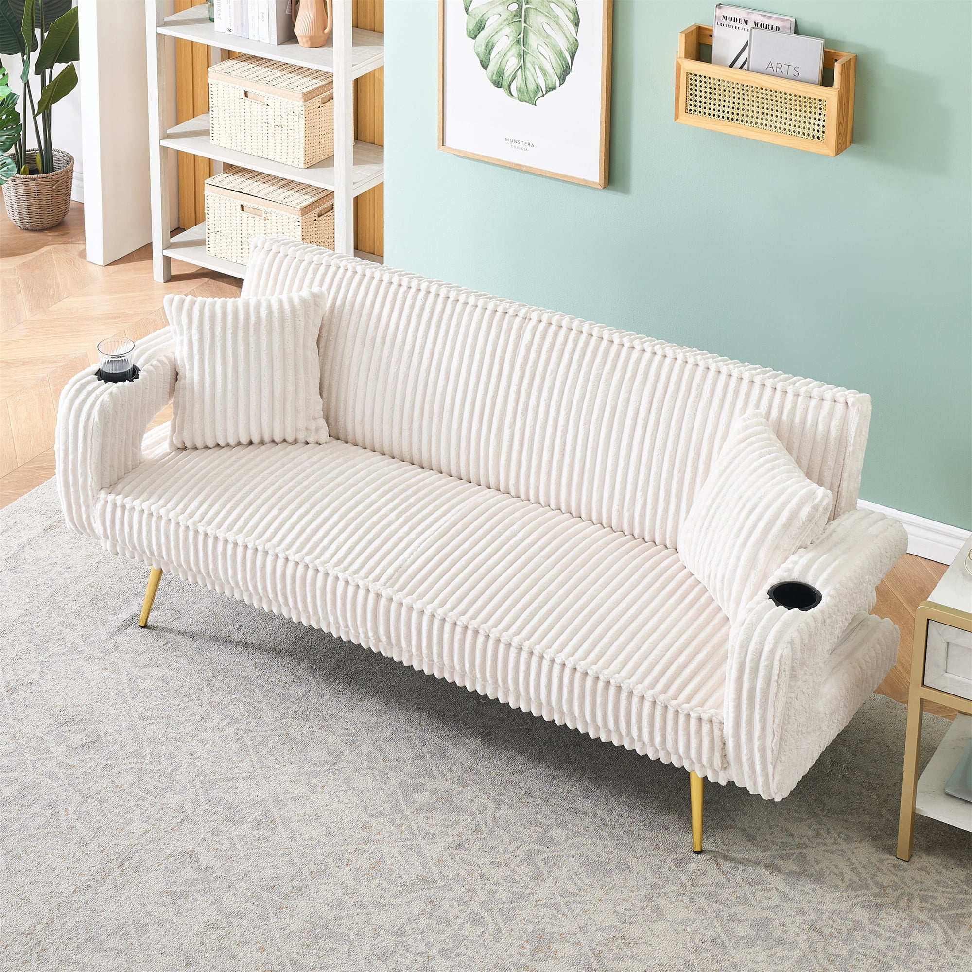 Aukfa Corduroy Futon Convertible Sofa Bed, Beige
