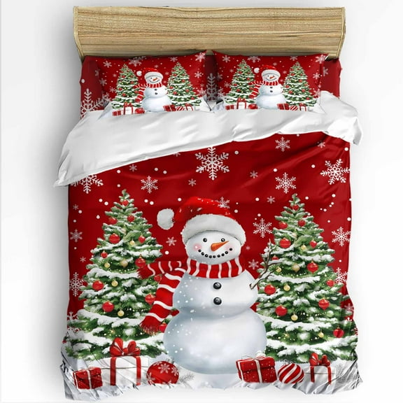 Christmas King Size Comforter Set, Red Snowman Xmas Balls Pine Tree Snowflakes Winter Bedding for All Seasons, 4 Pcs Bed Set with 1Comforter (90"x106") ,1 Sheet(94"x116"), 2 Pillowcases (19"x35")