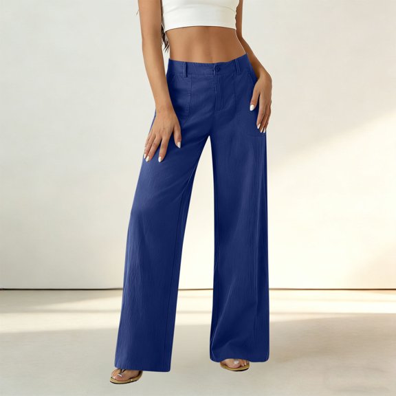Utoimkio Women's Wide Leg Pants High Waist Relax Fit Casual Bottoms with Front Patch Pockets and Waist Button Closure