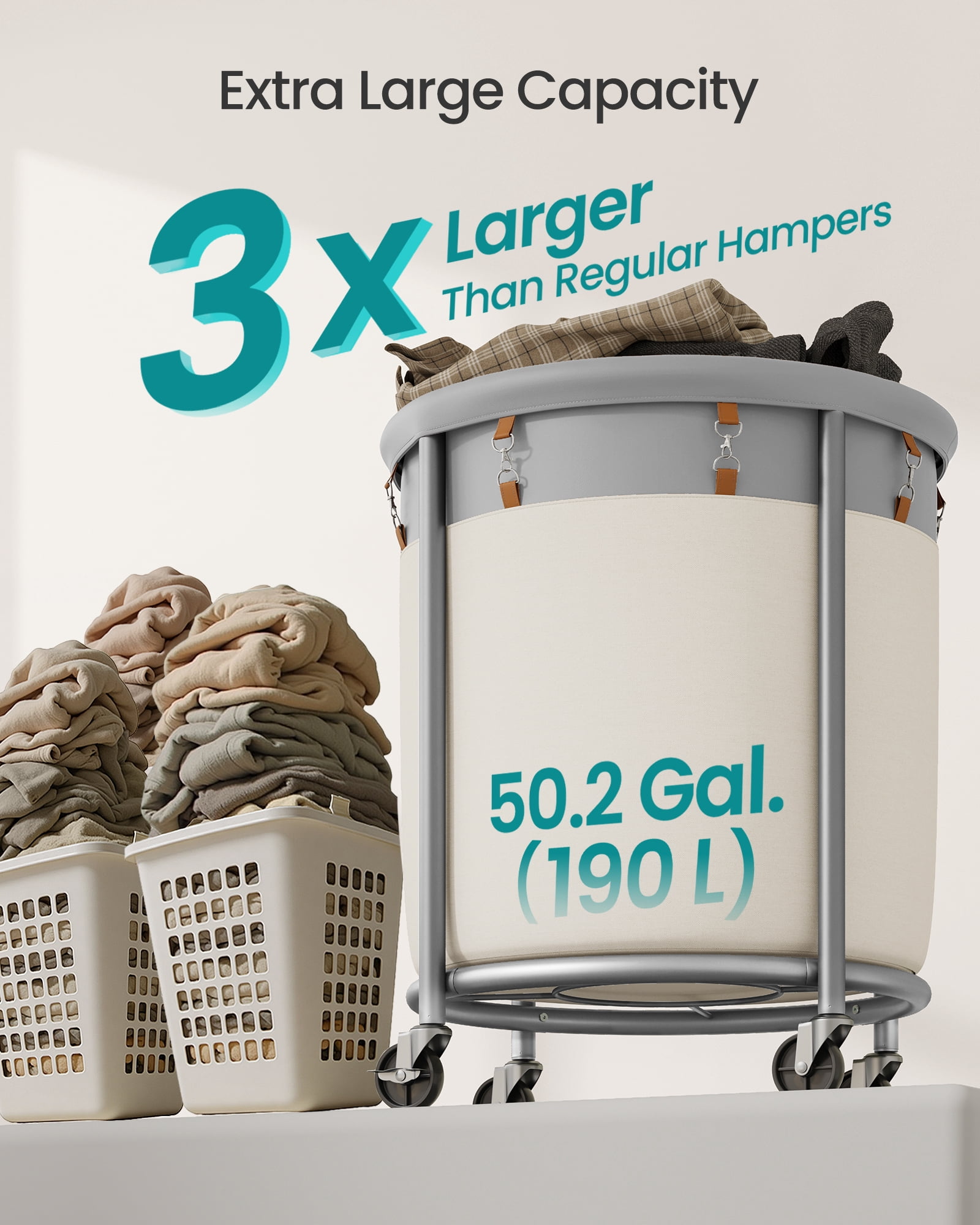 SONGMICS 50.2-Gallon (190 L) Laundry Basket with Wheels, Steel Frame and Removable Bag, 2 Locking Wheels, Dove Gray and Cream White