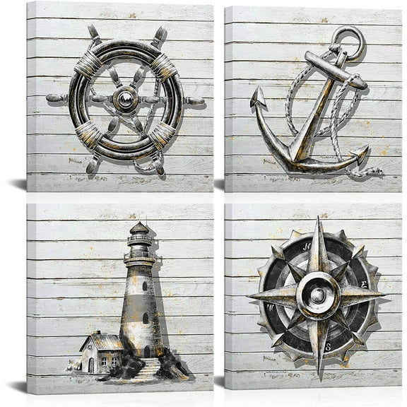 Nautical Themed Bathroom Art Wall Decor Black White Boat Anchor Paintings Helm Compass Print Lighthouse Picture Home Decor Sea Artwork Bedroom Living Room Ready to Hang