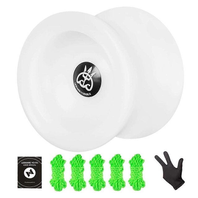 yoyo professional no-response spinning ball with ball bearing Blanco yoyo profesional no-response con diseño de rodamiento según especificaciones; vista frontal centrada del cuerpo doble cóncavo en acabado blanco (5.7 x 4.1 x 5.7 cm), en primer plano manual, cinco cuerdas verdes y un guante negro; adecuado para prácticas y presentaciones de malabarismo y flow.